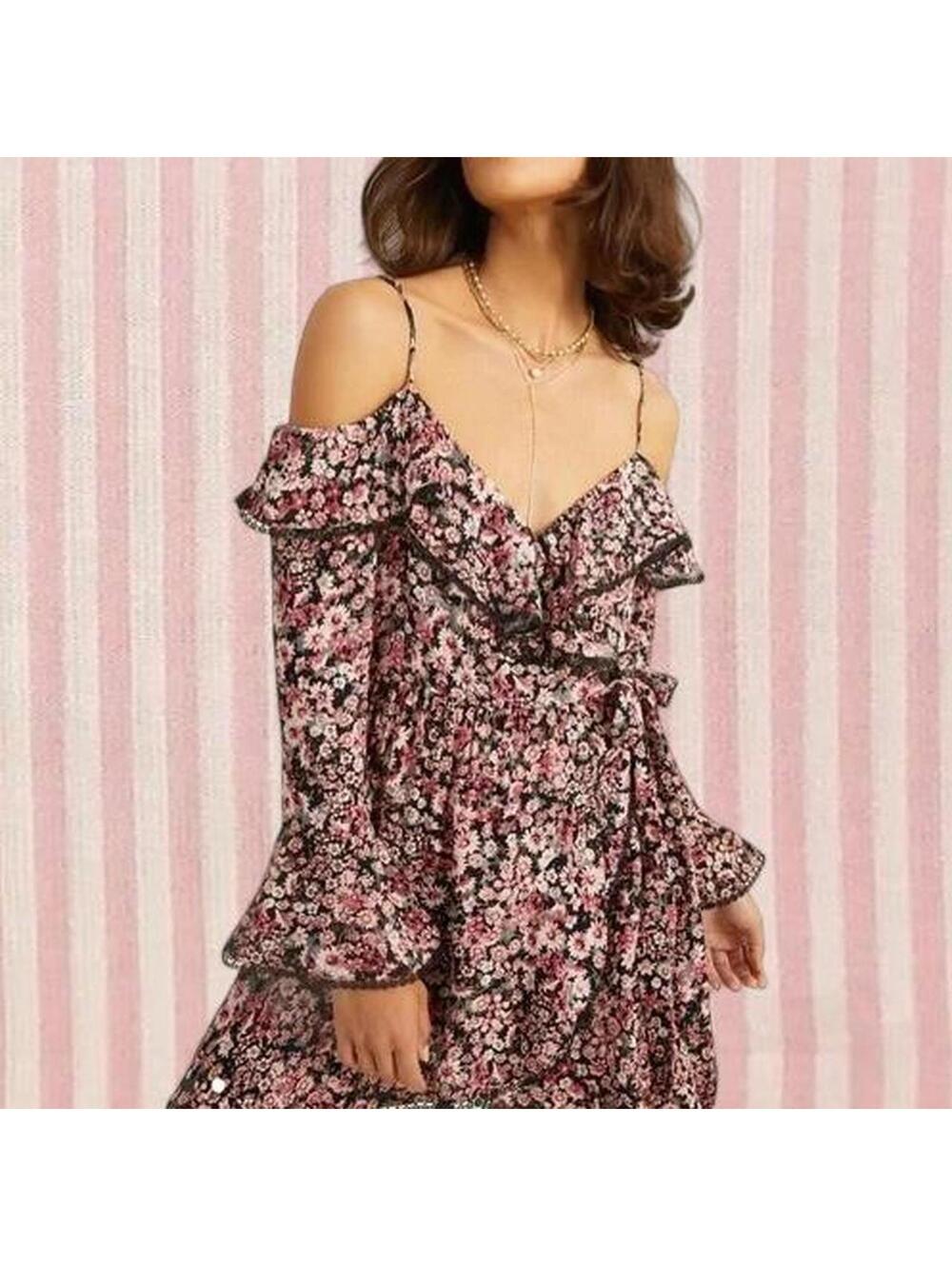 pink floral lace trim wrap mini dress